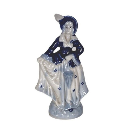 Victorian Delft Porcelain Vintage 40s Woman Holding Umbrella Occupied Japan - Picture 8 of 8